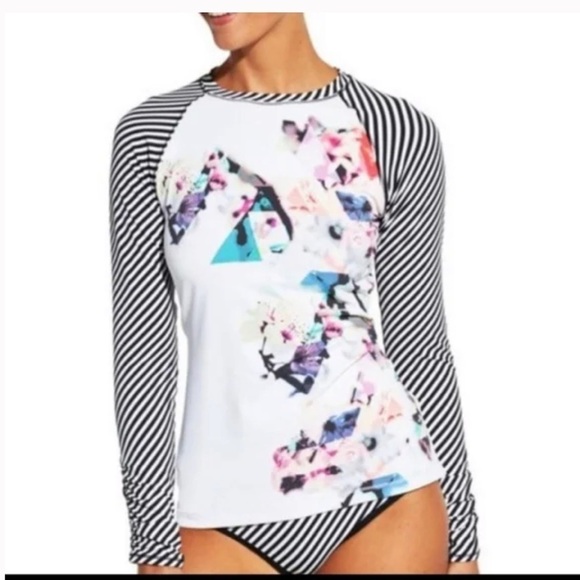 CALIA by Carrie Underwood Long Ruched Striped Sleeve Swim Top - Picture 1 of 7